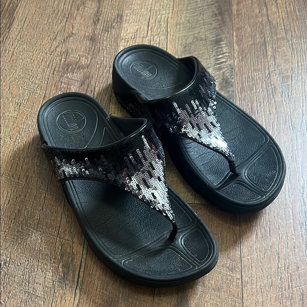 Black Sequin Slide Sandals